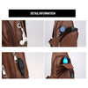 Detail shots of a brown leather crossbody sling bag showing the zipper pull, an interior pocket, and a blue light feature.