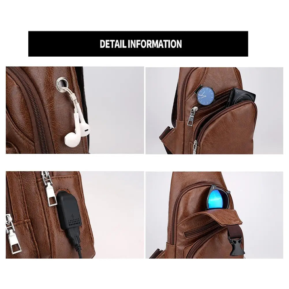 Detail shots of a brown leather crossbody sling bag showing the zipper pull, an interior pocket, and a blue light feature.