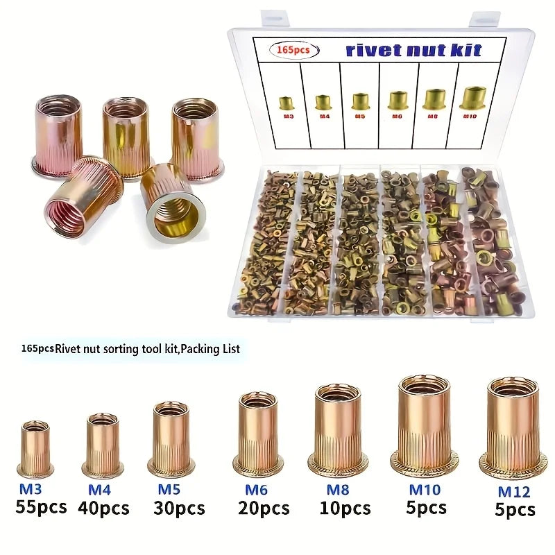 165-Piece Rivet Nut Assortment Kit, Galvanized Carbon Steel Threaded Inserts M3-M10