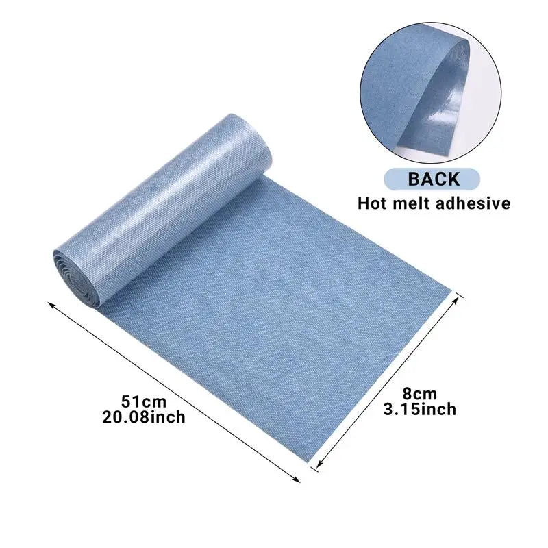 Roll of blue denim fabric for iron-on patches, showing the material and dimensions.