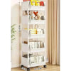 White mobile multi-tier storage cart with wheels displaying various items and stuffed animals.