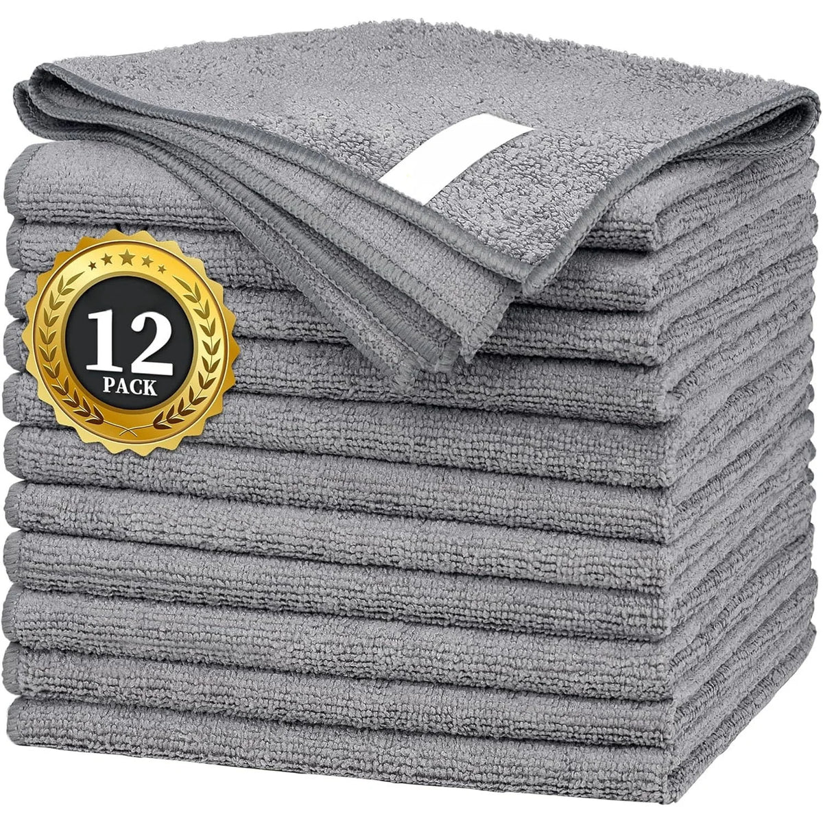 A stack of gray bamboo charcoal microfiber kitchen cleaning cloths in a 12 pack.