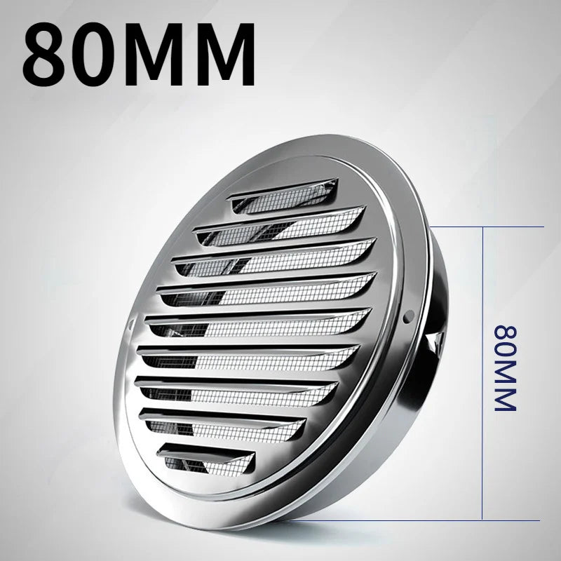 Stainless steel round ventilation grille with 80mm diameter shown in a close-up view.