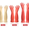 A set of silicone scrubbing dishwashing gloves in beige and coral colors shown with various sizes.