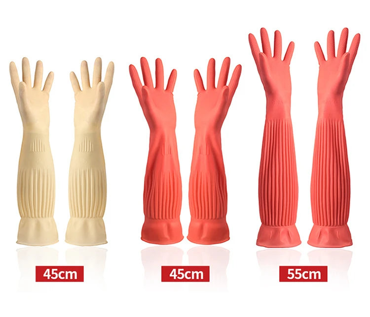 A set of silicone scrubbing dishwashing gloves in beige and coral colors shown with various sizes.