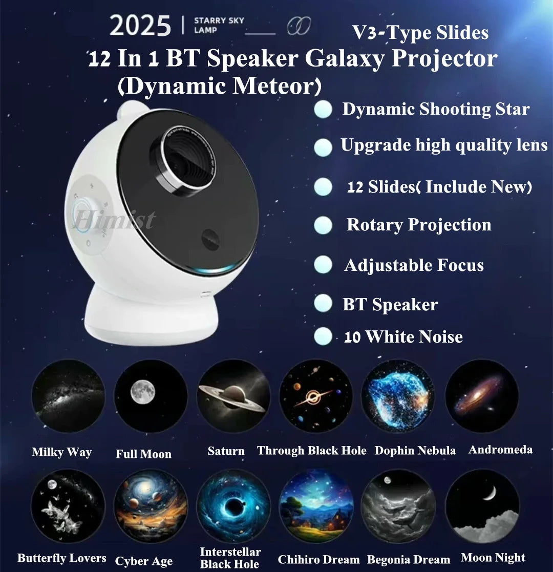 A white 12-in-1 BT Speaker Galaxy Projector displays various celestial objects like the Milky Way, planets, and nebulae.