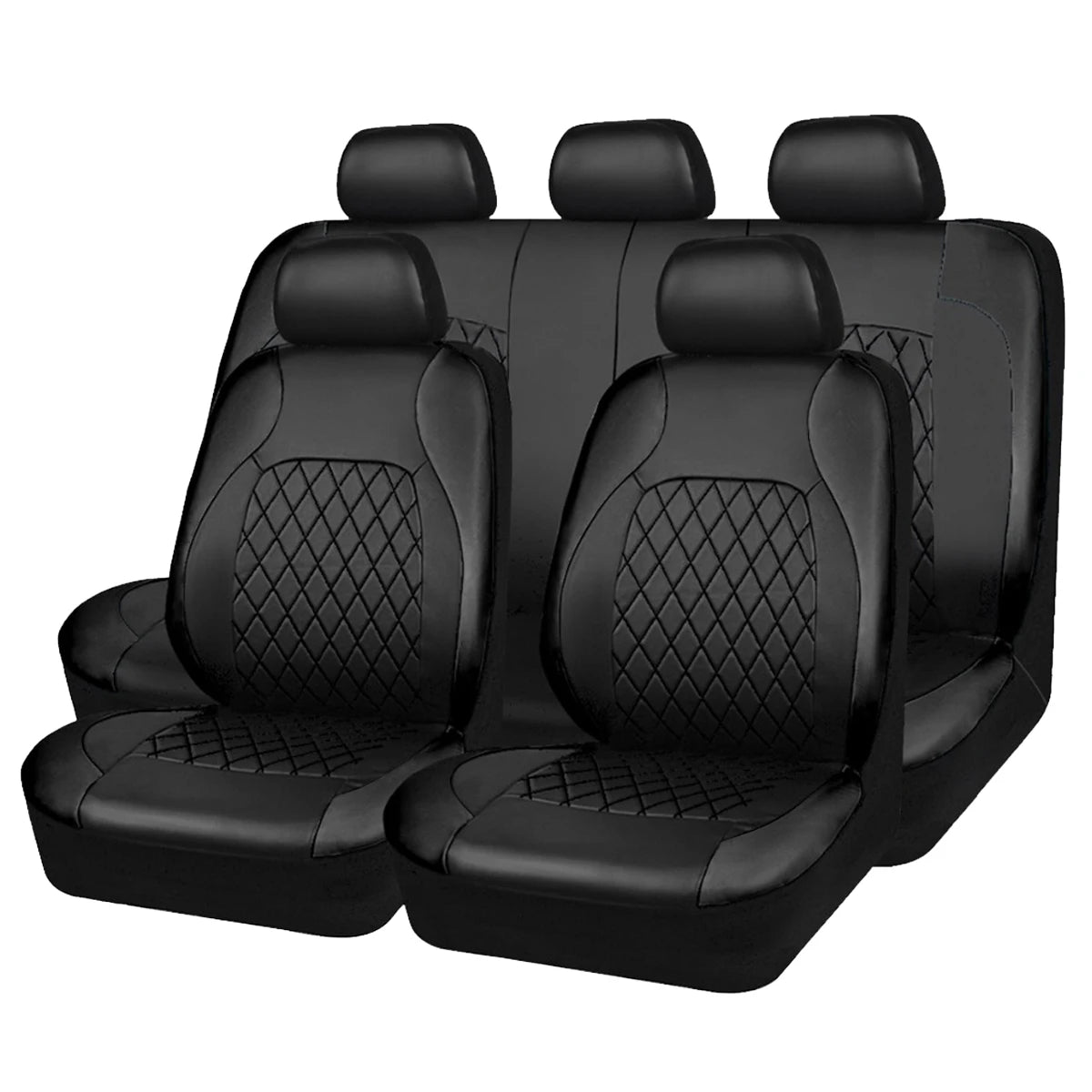 Un ensemble de protections de sièges en cuir PU noir toutes saisons avec repose-têtes individuels.