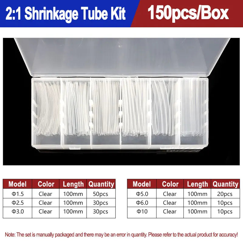 A box of heat shrink tubing kit containing various clear plastic tubes in different diameters and lengths.