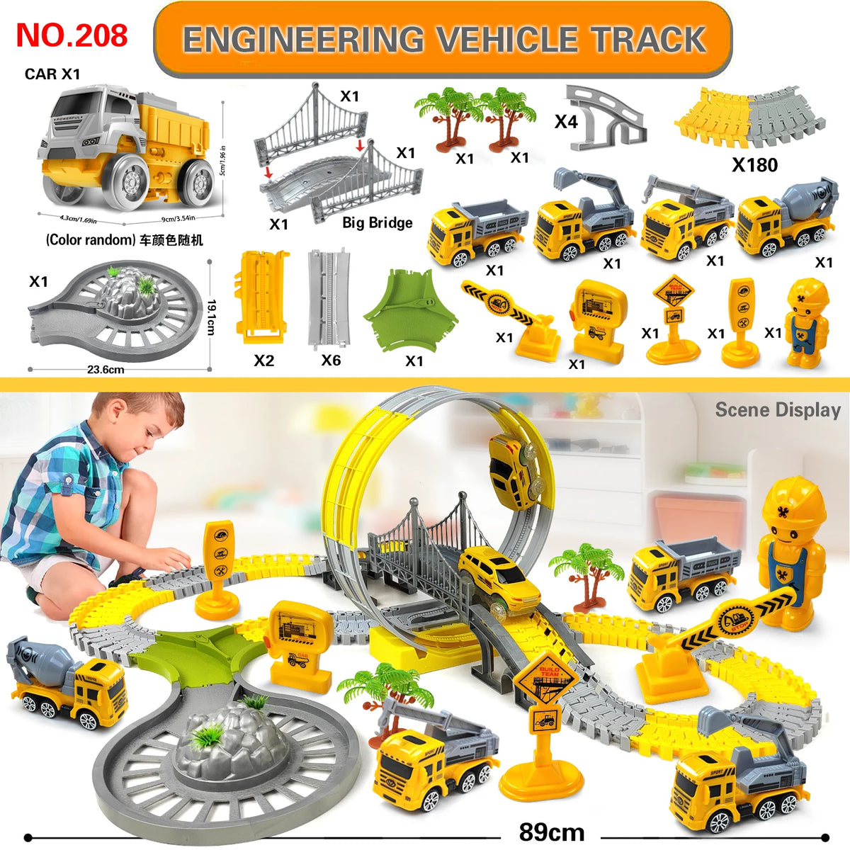 A set of yellow and gray engineering vehicle tracks and accessories for a climbing toy car