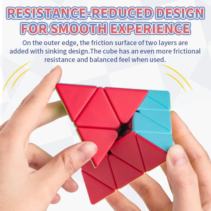 Hands hold a red and blue magnetic pyramid speed cube demonstrating its resistance-reduced design.