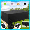 Black waterproof patio furniture cover shown with features like water-resistant, UV protection, dust-proof, and wind-proof.