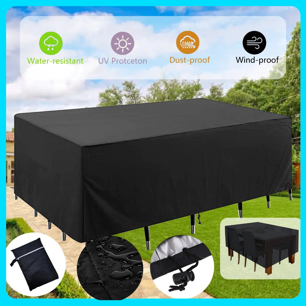 Black waterproof patio furniture cover shown with features like water-resistant, UV protection, dust-proof, and wind-proof.