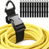 A black heavy duty extension cord organizer with a buckle lock and five individual cords shown next to a yellow coiled cord.