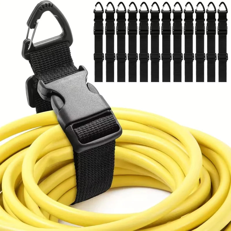 A black heavy duty extension cord organizer with a buckle lock and five individual cords shown next to a yellow coiled cord.