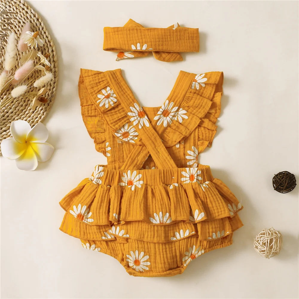 Baby Girl Sleeveless Floral Romper with Headband