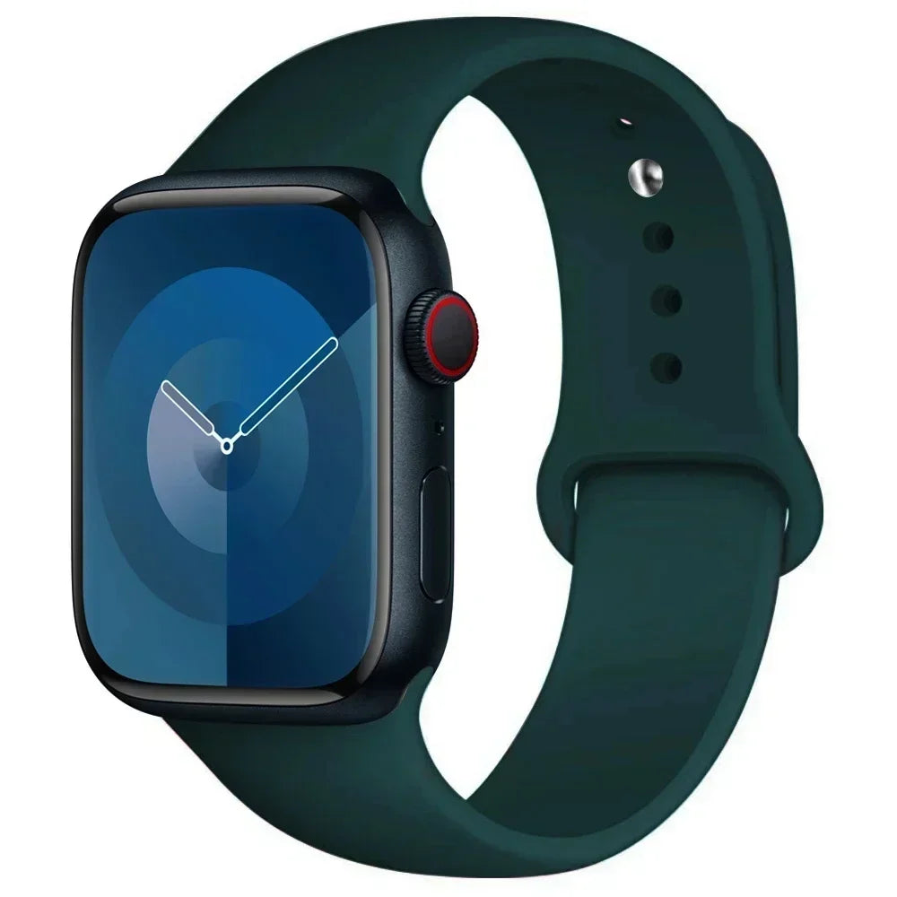 A dark green silicone sport band for an Apple Watch displayed on a white background.