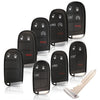A collection of black replacement key fob shells and a metal key blade for Jeep, Dodge, Chrysler, and Fiat vehicles.