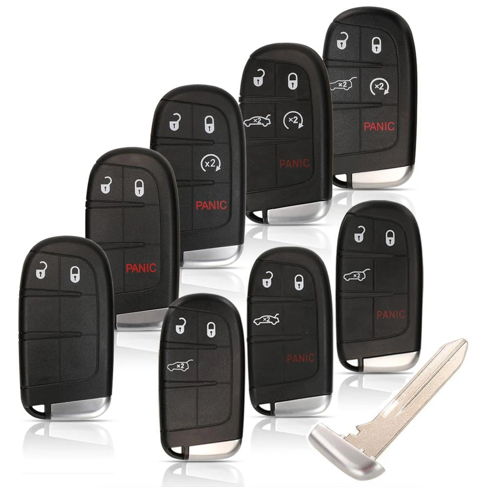 A collection of black replacement key fob shells and a metal key blade for Jeep, Dodge, Chrysler, and Fiat vehicles.