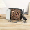 A black leopard print crossbody bag is shown next to a white smartphone, with dimensions provided.
