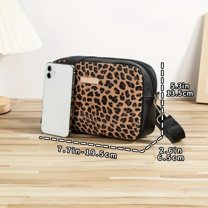 A black leopard print crossbody bag is shown next to a white smartphone, with dimensions provided.