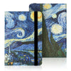 A dark blue and yellow starry night landscape is visible on a black e-reader case with a strap.
