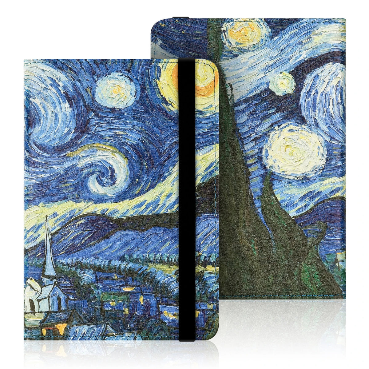 A dark blue and yellow starry night landscape is visible on a black e-reader case with a strap.