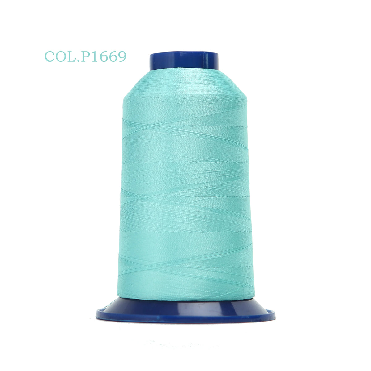 A spool of light turquoise polyester embroidery thread labeled COL.P1669.
