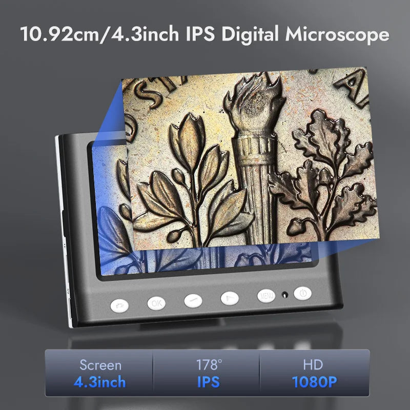 A portable 4.3-inch IPS digital microscope device with a screen and controls.