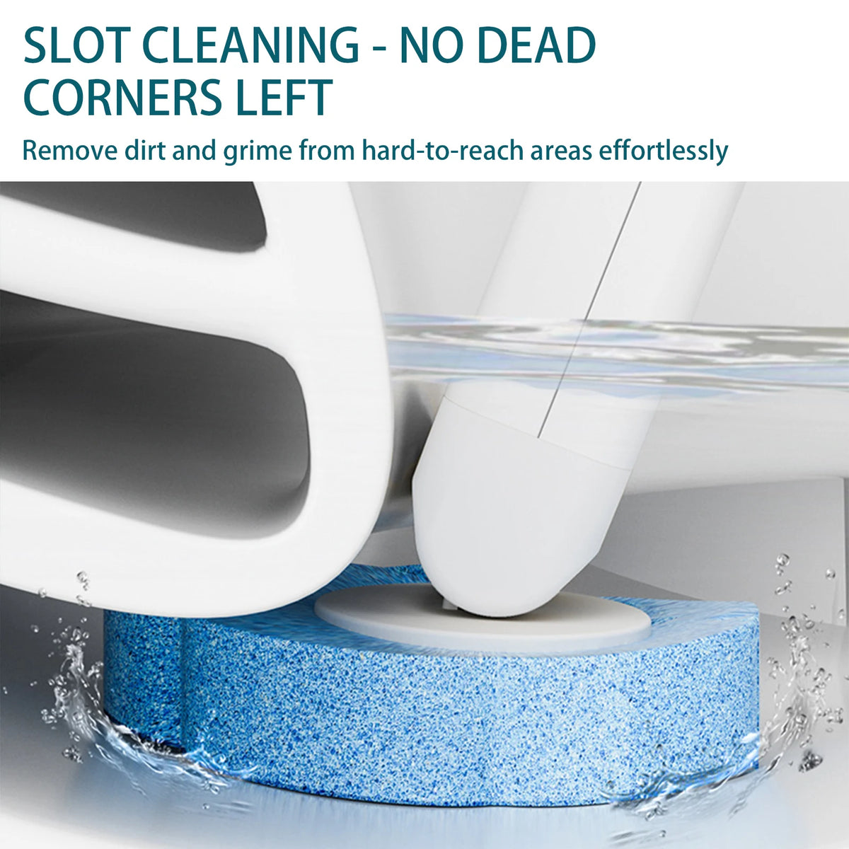 A white toilet brush is cleaning blue scouring pads in a sink, removing dirt from corners.
