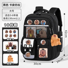 Black capybara kids school backpack featuring various capybara designs and ergonomic support.