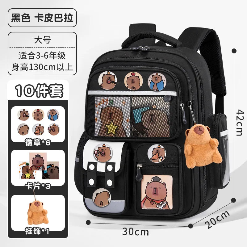 Black capybara kids school backpack featuring various capybara designs and ergonomic support.
