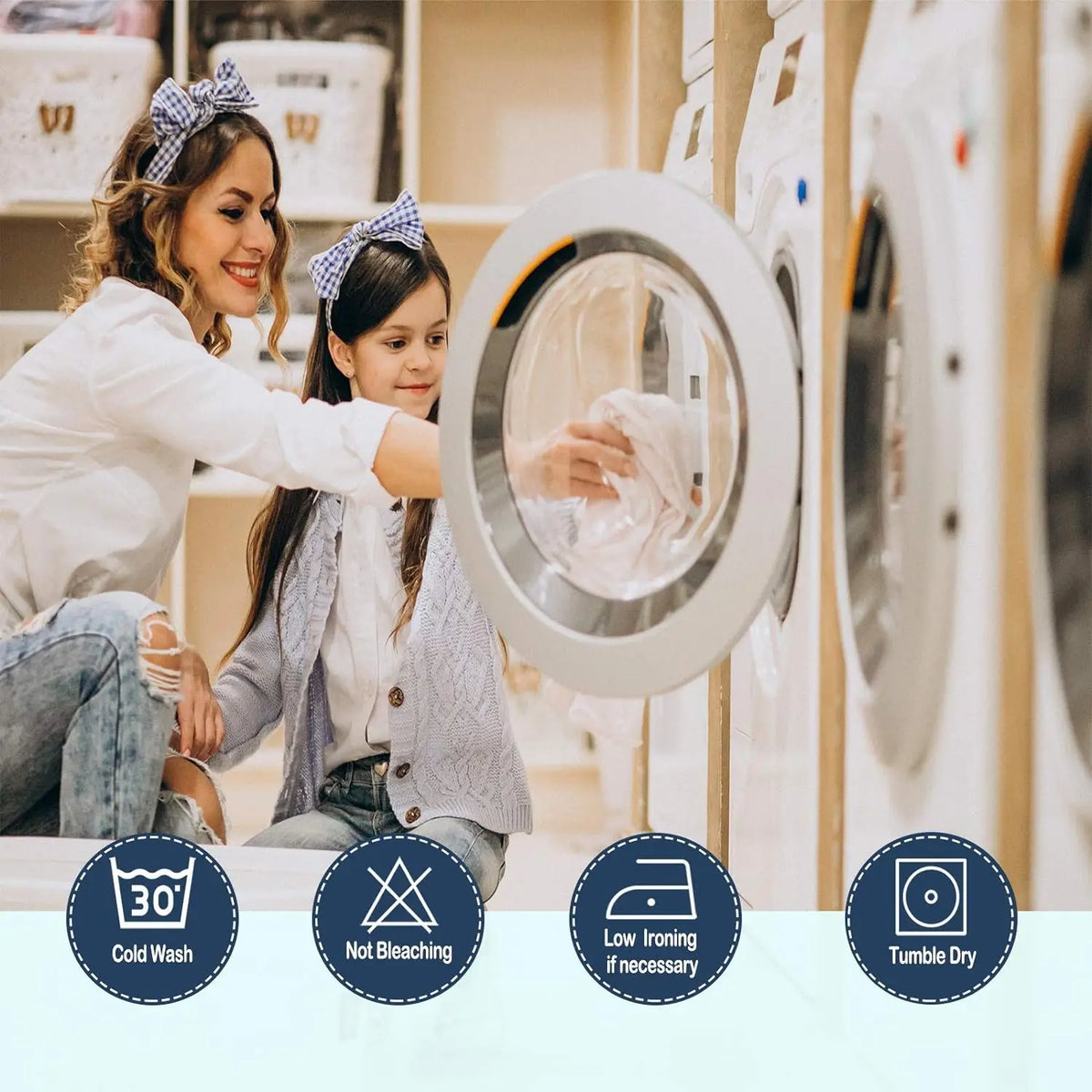 A woman is demonstrating the use of a washing machine, showing a close-up of the drum and surrounding features.