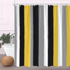 A shower curtain featuring vertical stripes of black, yellow, and gray fabric.