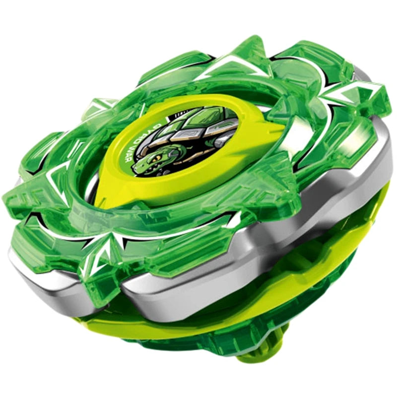 A green and silver precision metal spinning top with a yellow center, shown from above.
