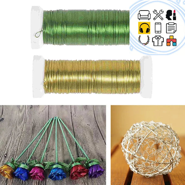 Green and gold florist wire stems used for DIY crafts and floral arrangements.