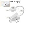 White mini clip-on LED book light with a flexible neck and various dimensions shown.