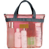 A pink mesh hanging toiletry bag with a black handle, containing various personal care items.