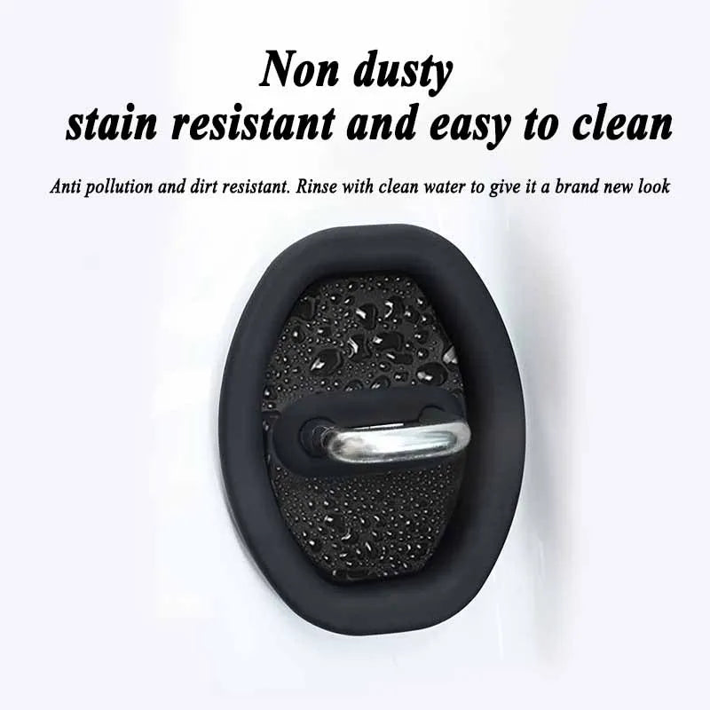 A black silicone door lock protector with a silver handle is shown against a white background.