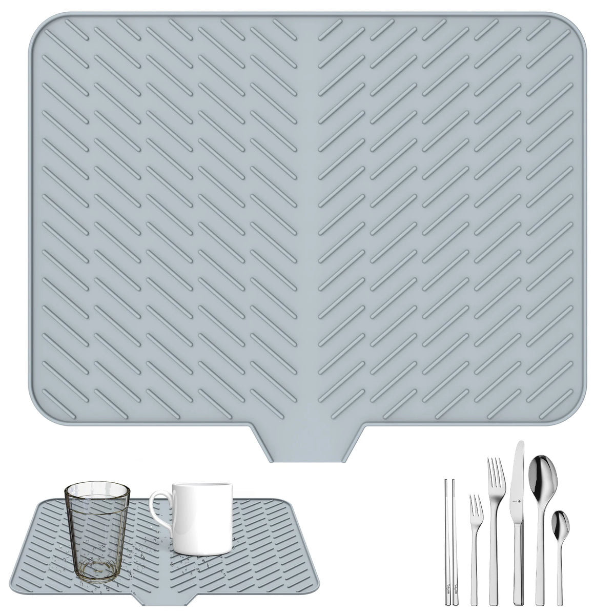 A silicone dish drying mat with a drainage ramp and a set of cutlery shown on the mat.