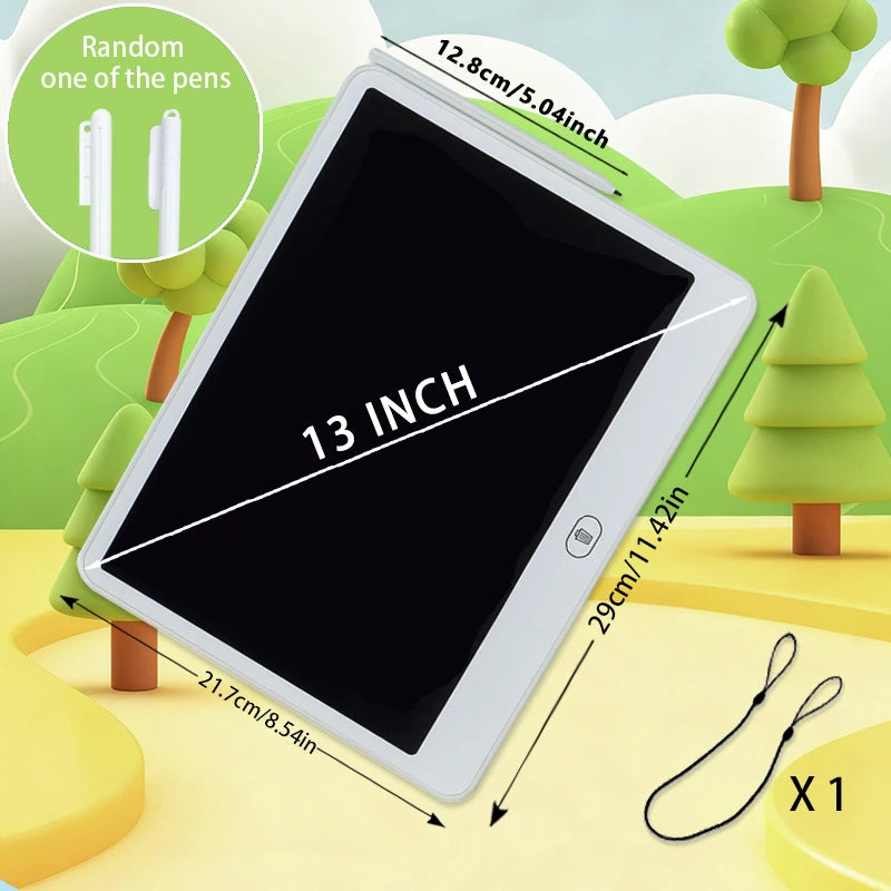Une tablette de 13 pouces affichant une interface d'écriture avec des stylos et des éléments éducatifs dans un cadre extérieu