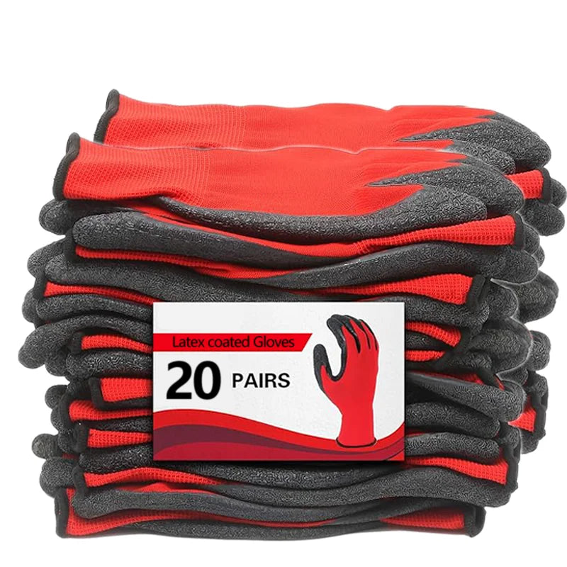 A stack of 20 pairs of red and gray latex coated work gloves.