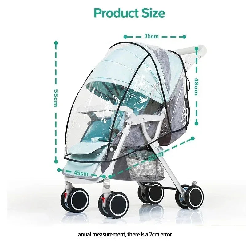 A transparent waterproof stroller rain cover with a mesh shield and a silver frame is shown against a white background.