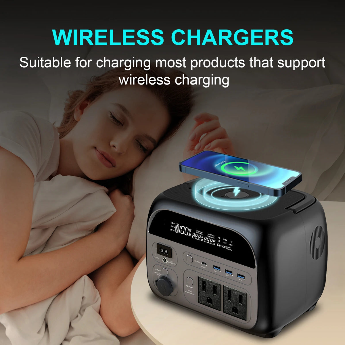 A portable power station with a battery is shown next to a sleeping child, demonstrating wireless charging capability.