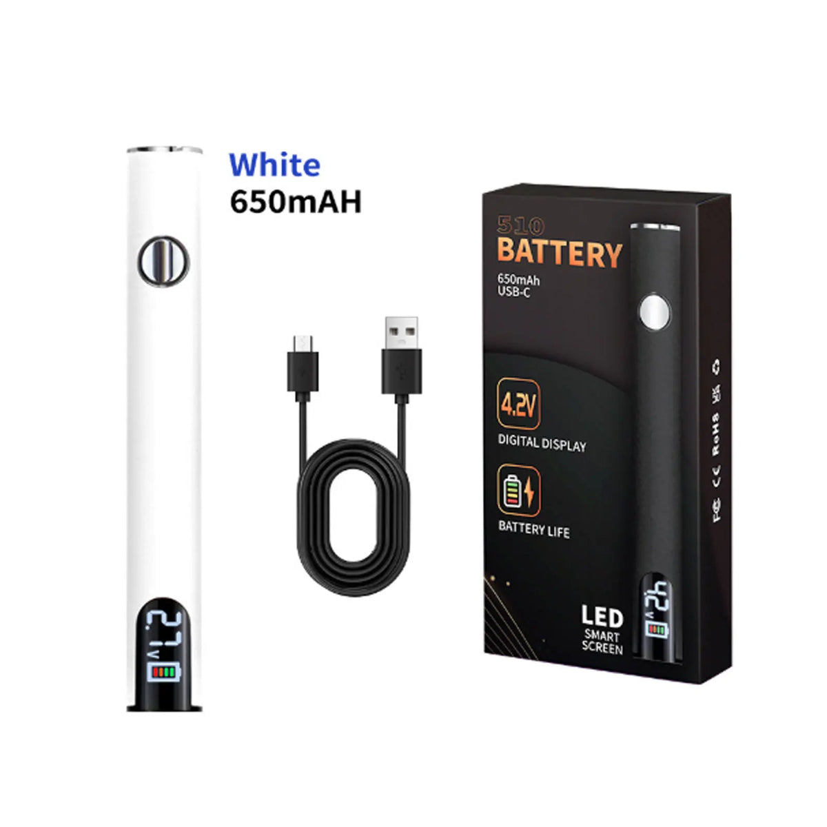 A white 650mAh battery and a black battery pack for a cordless USB-C soldering iron with a digital display.