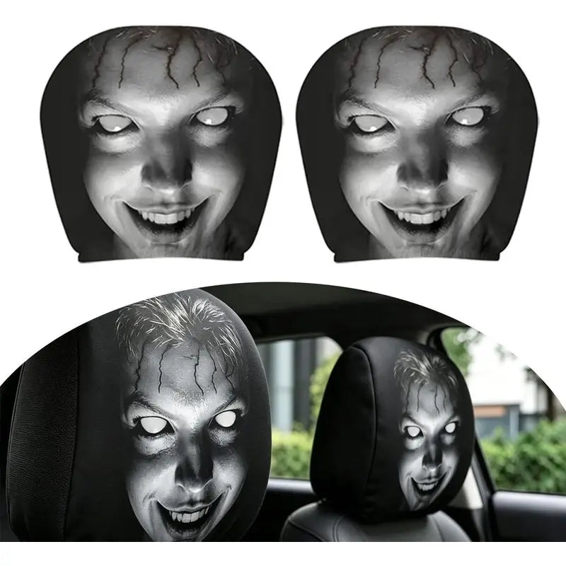 A set of two Ghost Face headrest covers featuring a menacing, cracked face design.