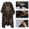 Black professional salon hair cutting cape or barber gown with gold embroidery and adjustable hook