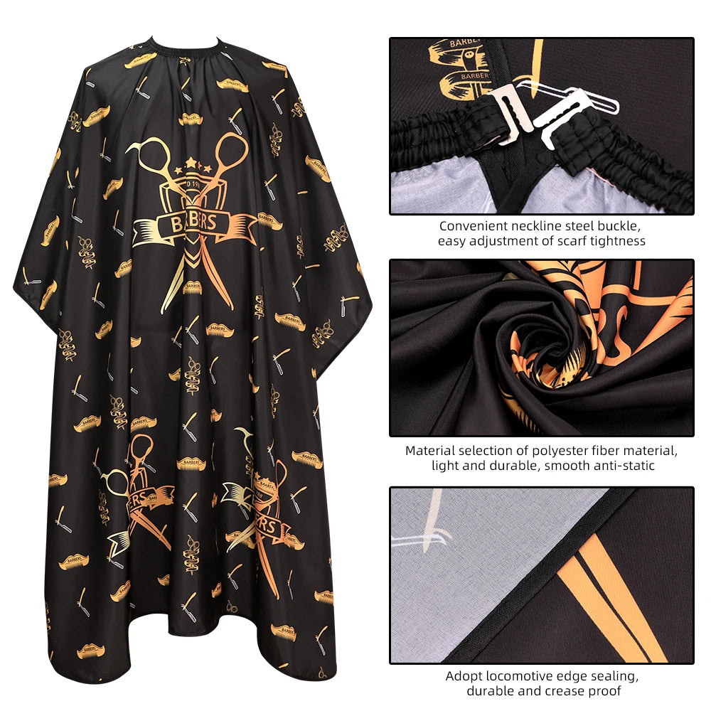Black professional salon hair cutting cape or barber gown with gold embroidery and adjustable hook