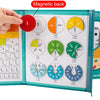 A magnetic wooden fraction learning book showing various fractions like one half and one third on a green background.