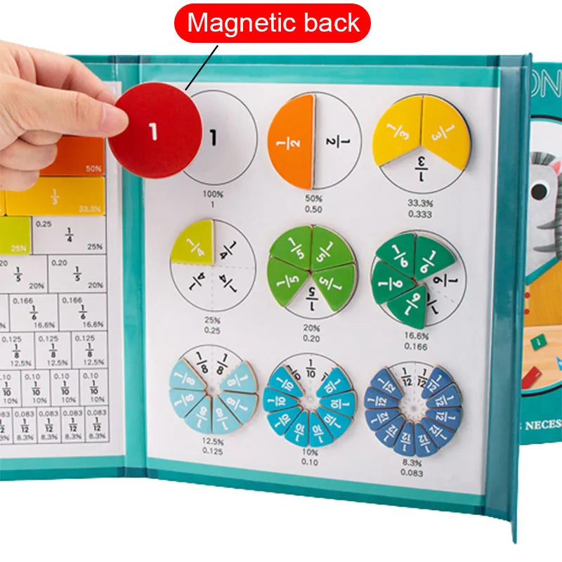 A magnetic wooden fraction learning book showing various fractions like one half and one third on a green background.