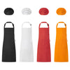 A set of four kids' craft aprons and chef hats in black, white, red, and orange.